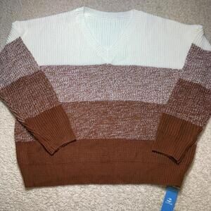 Colorblock V-Neck Sweater Heather Burnt Orange Oversized LARGE NWT